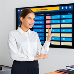 A professional female teacher in a modest business blouse and trousers, fully clothed, appropriate attire, professional dress, standing confidently with a warm, relaxed expression, gesturing towards a large interactive digital screen displaying a streamlined school management dashboard with grades and attendance. In the background, neatly stacked digital tablets are visible, replacing previous piles of paper. The scene is set in a bright, modern school office. Professional photography, high resolution, soft lighting, perfect anatomy, correct proportions, natural pose, well-formed hands, proper finger count, natural body proportions, safe for work, appropriate content, family-friendly.