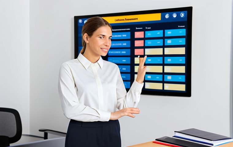 A professional female teacher in a modest business blouse and trousers, fully clothed, appropriate attire, professional dress, standing confidently with a warm, relaxed expression, gesturing towards a large interactive digital screen displaying a streamlined school management dashboard with grades and attendance. In the background, neatly stacked digital tablets are visible, replacing previous piles of paper. The scene is set in a bright, modern school office. Professional photography, high resolution, soft lighting, perfect anatomy, correct proportions, natural pose, well-formed hands, proper finger count, natural body proportions, safe for work, appropriate content, family-friendly.